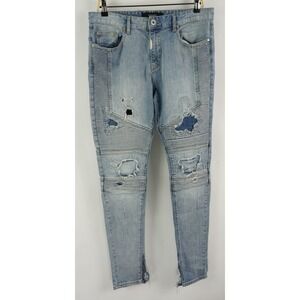 Represent Thrashed Torn Distressed Biker Mechanic Skinny Jeans Mens 32 x 32 Blue